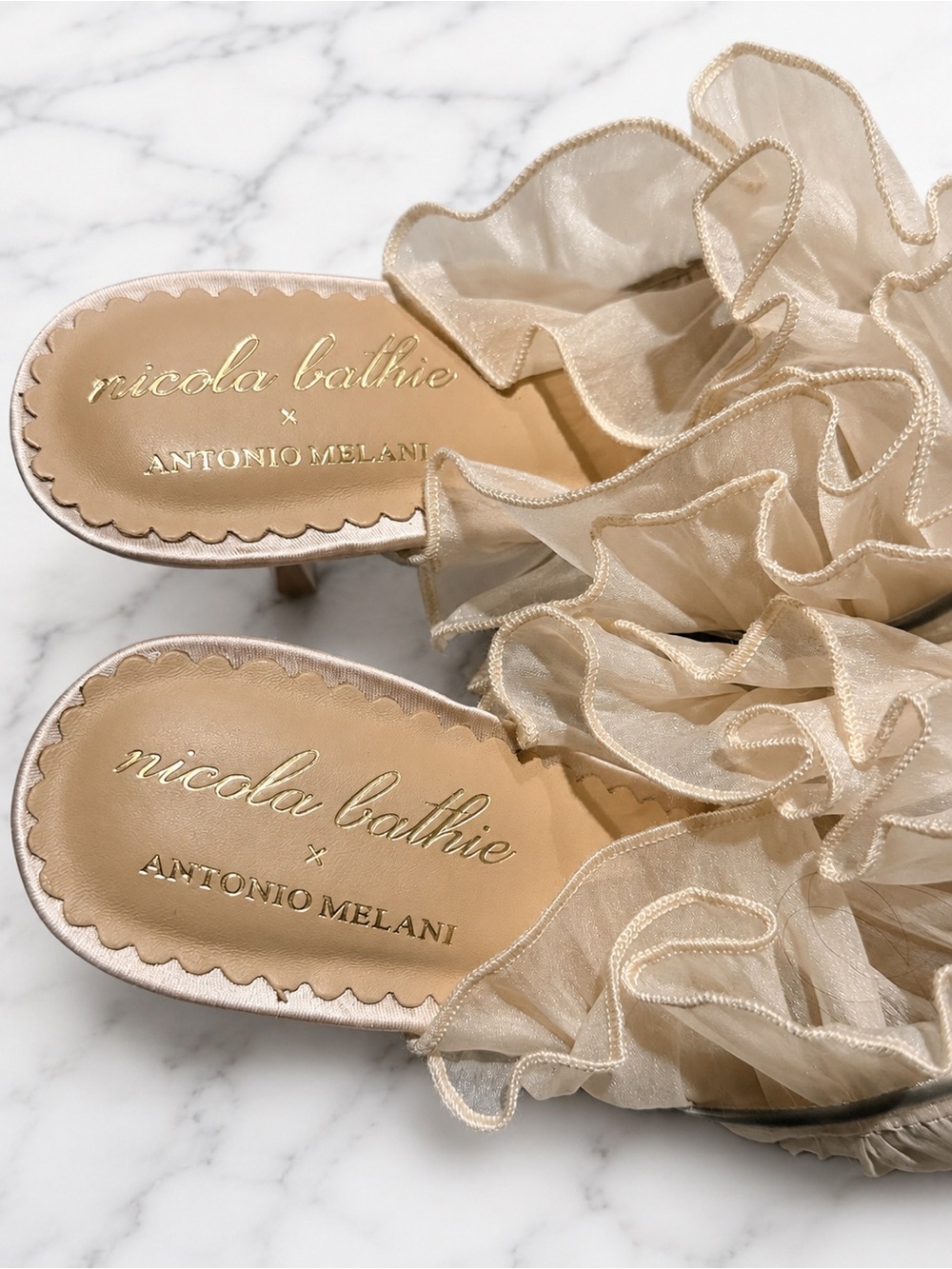 ANTONIO MELANI Cream Satin Ruffle Mule with Sage Bow - Picture 4 of 5